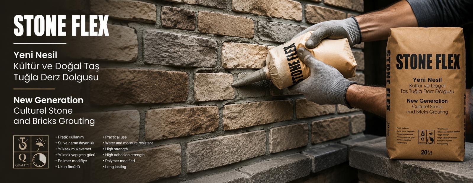 Stone Flex kültür taşı ve tuğla yapıştırıcı ve derz dolgu ürünleri